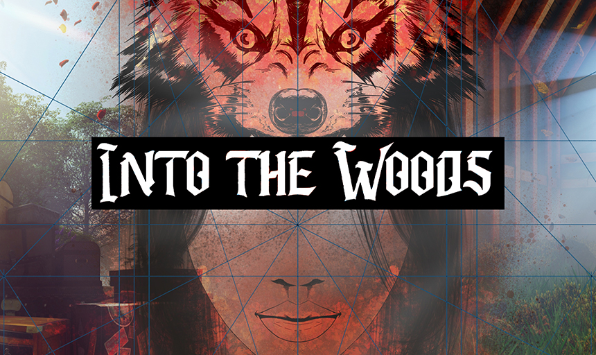 A drawing of a wolf's head and the top of a girl's head without eyes. Geometric lines are laid over the top. Text against a black background in the middle reads "into the woods"