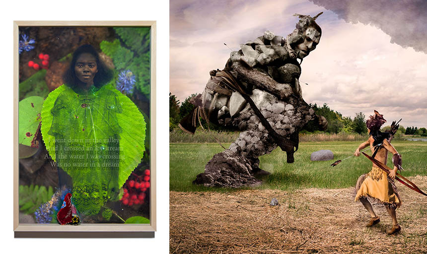 A photo of Daesha Devon Harris alongside art of Jeremy Dennis fighting a rock monster