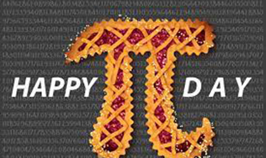 "Happy Pi Day" is written against a black background. The word "pi" has been replaced by the mathematical symbol and filled in with pictures of pies.