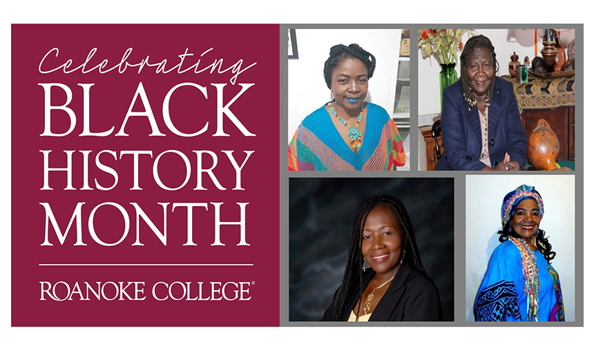 A maroon panel on the left has white text that reads "Celebrating black history month at Roanoke College." To the right are photos of each of the speakers.