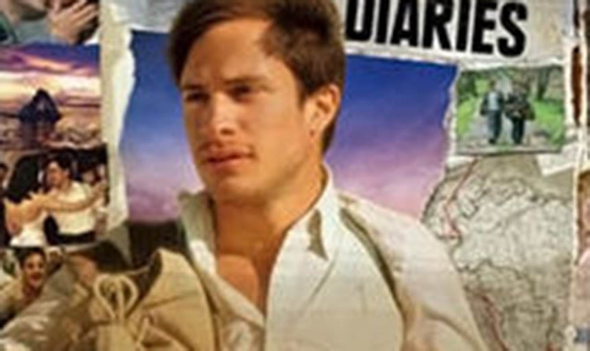 The movie poster: the main character surrounded by small photos and maps