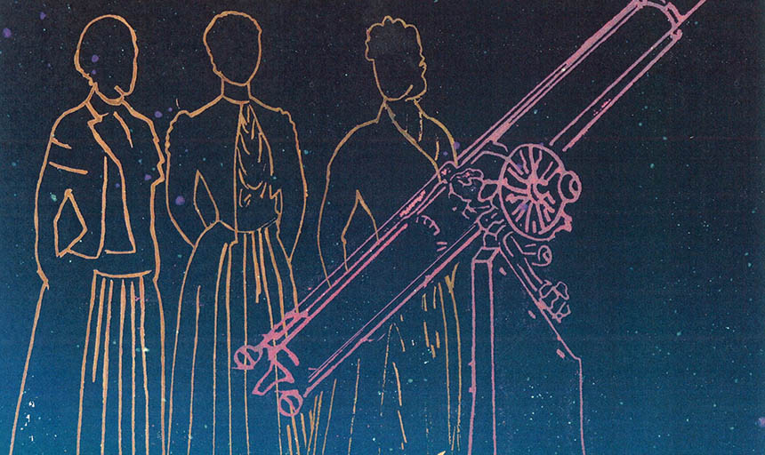 A drawing of three women and a telescope outlined against a blue starry sky