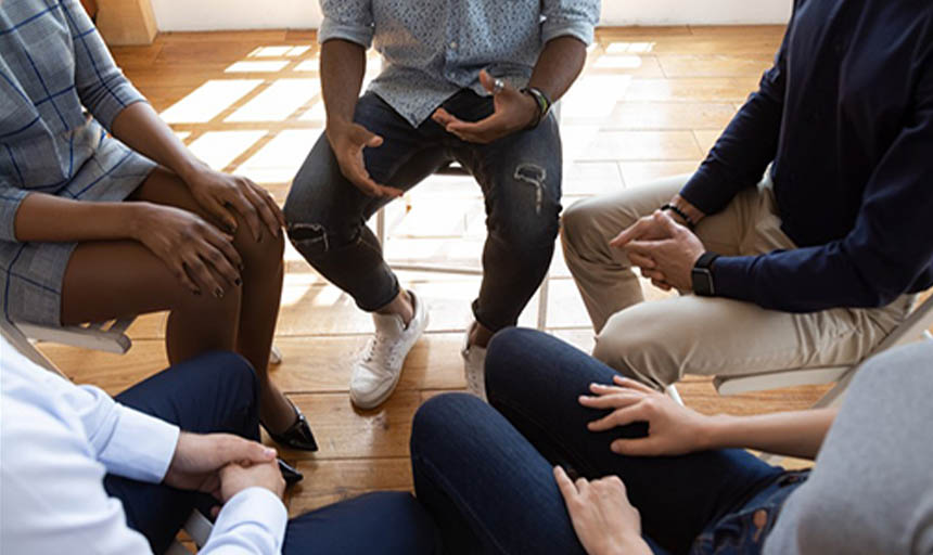 overhead view of a group talking 