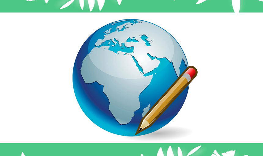 cartoon graphic of the world with pencil in front of it