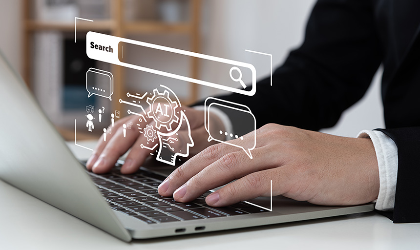 illustration of person working on laptop with icons for AI and other tech around keyboard