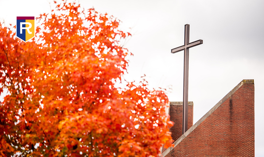 Antrim Chapel with cross and fall leaves