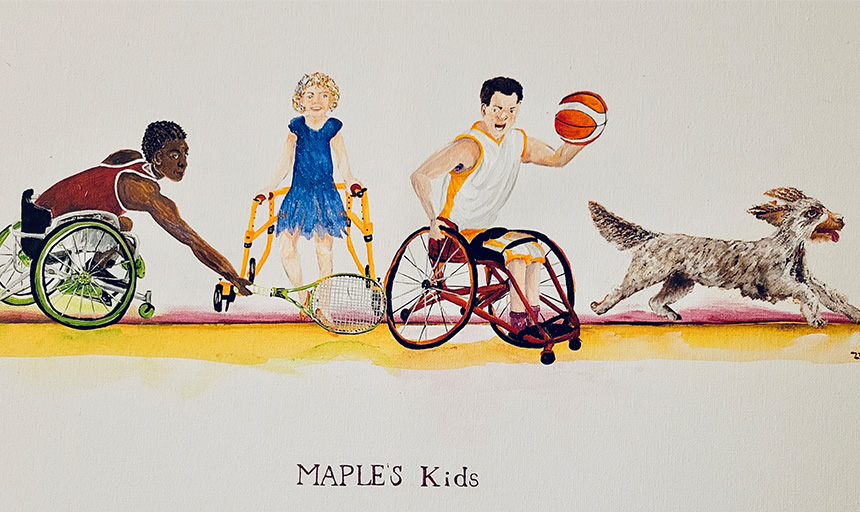 Painting of people playing adaptive sports with the words Maple's Kids underneath