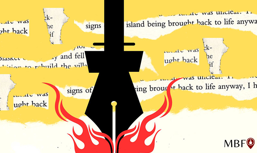 illustration of a pen on fire with snippets of text in the background