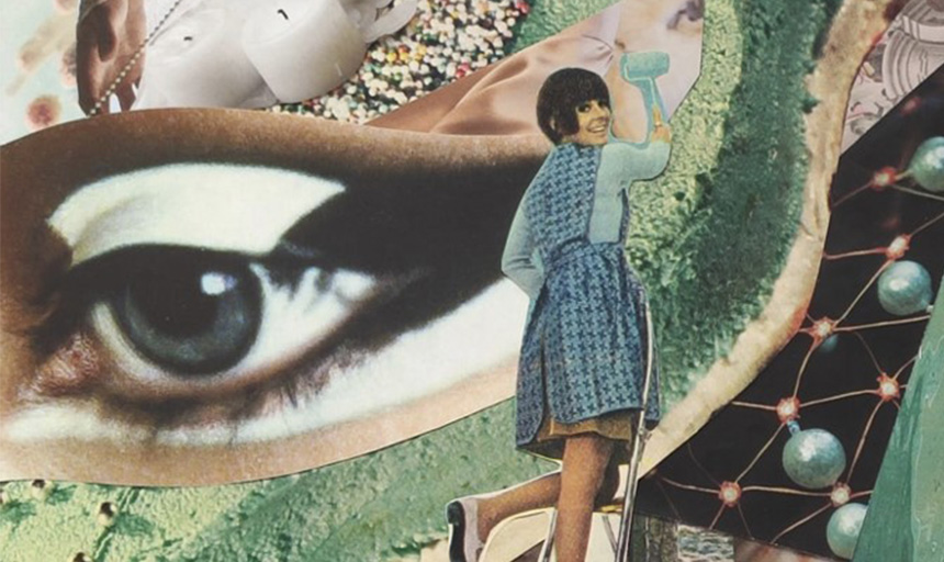 An illustration of a woman creating an oversized collage