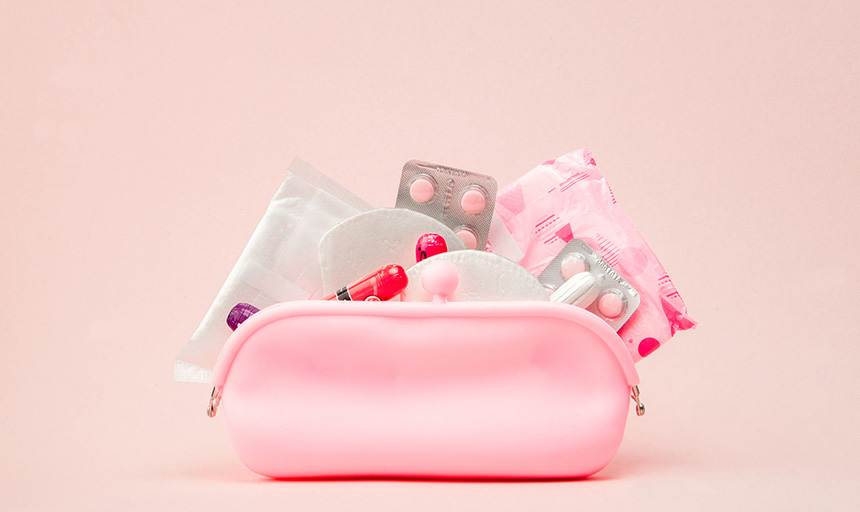 istock image of a toiletry bag with menstrual products