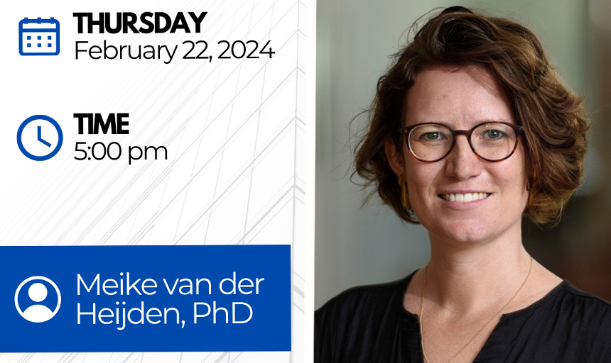 Photo of Dr. van der Heijden alongside text with her name and the date/time of her talk