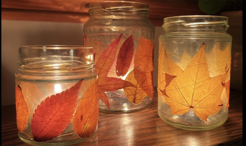 Jars decorated with dried leaves