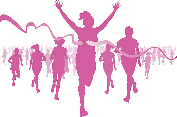 pink figures running race with winner crossing the finish line