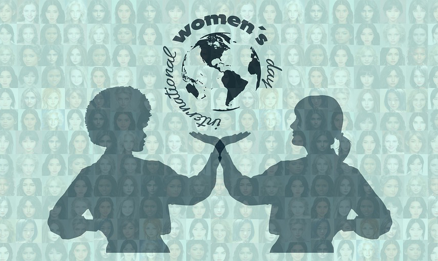 tow women holding a globe with the words "International womes's day" around it