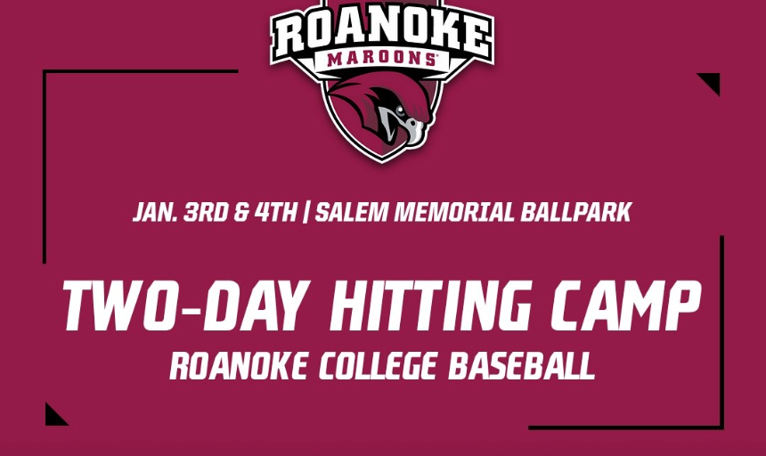 Graphic with the words: Two-Day Hitting Camp, Roanoke College Baseball