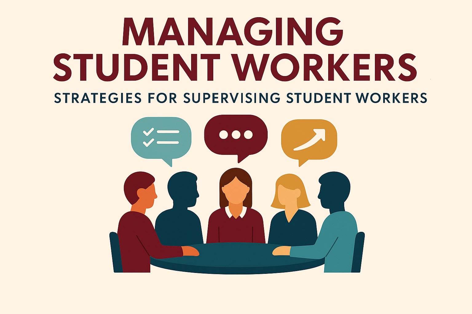 Illustration of people sitting at a conference table and the words: Managing Student Workers, Strategies for Supervising Student Workers