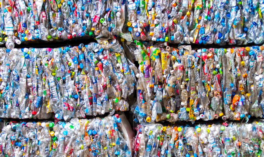 Large, industrial-scale bundles of plastics recycling