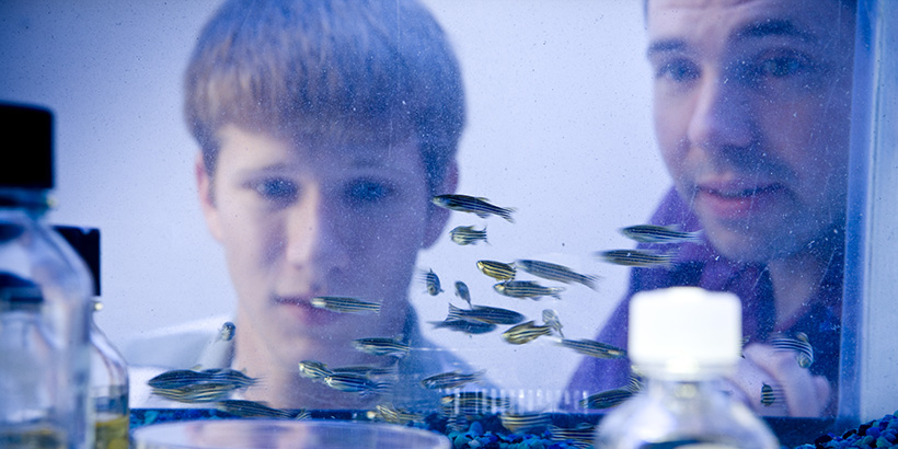 Chris Lassiter looking in a fish tank with a student