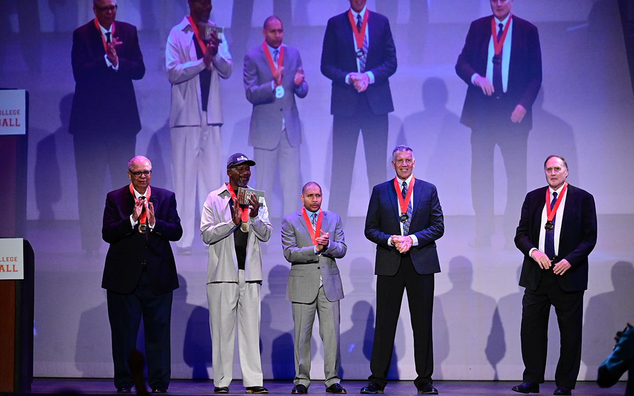Frankie Allen (far left) with fellow inductees at the 2023 Small College Basketball Hall of Fame induction ceremony.