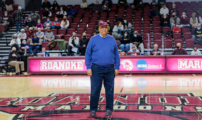 Allen is recognized at a Roanoke College home basketball game in 2022.