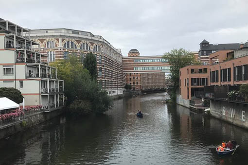 river lined with buildings