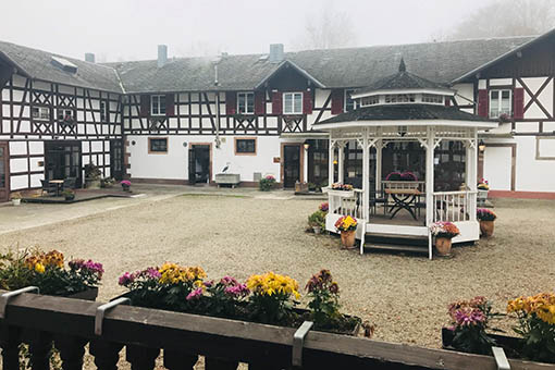 French chateau with fog in the courtyard