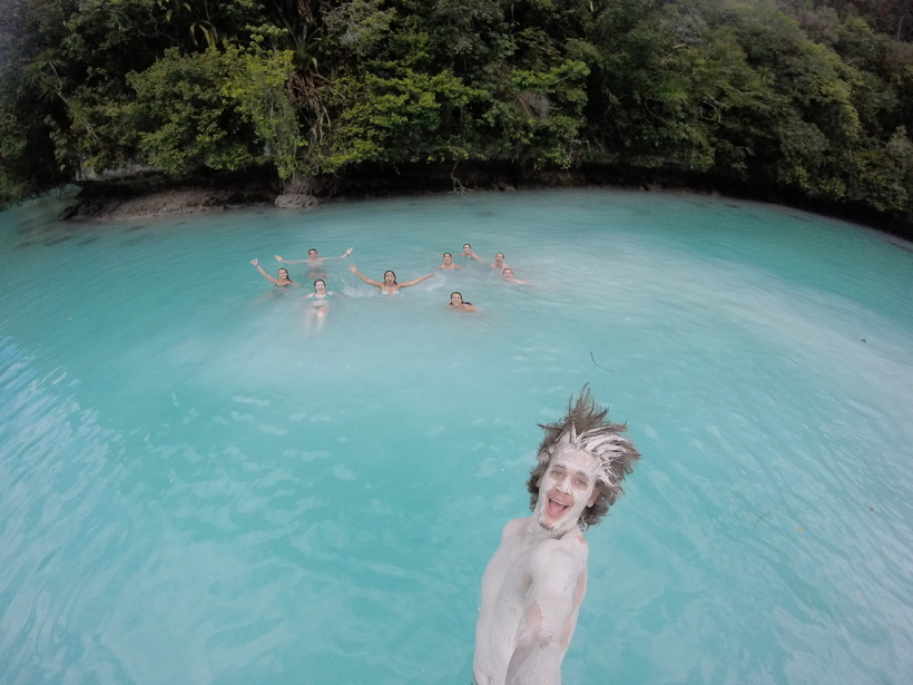 Students in an outdoor pool