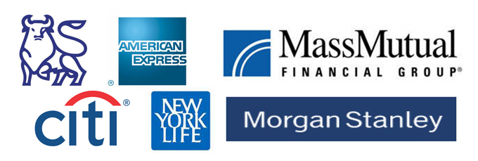 Logos of: American Express, citi bank, massmutual financial group, morgan stanley, new york life, merrill lynch