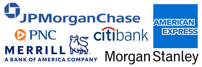 Logos of: JP Morgan Chase, PNC, CitiBank, Morgan Stanley, Merrill