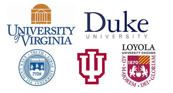 Logos of: University of Virginia, Duke University, Brandeis, Loyola University, and the University of Indiana