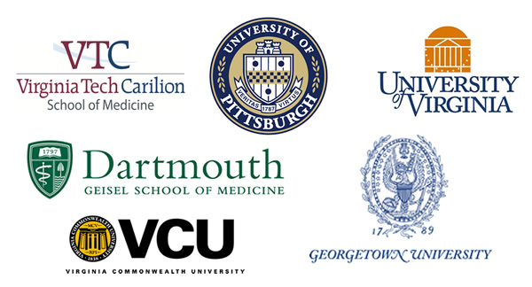Logos of: Virginia Commonwealth University, Darmouth, Georgetown University, University of Virginia, Virginia Tech Carilion, University of Pittsburgh