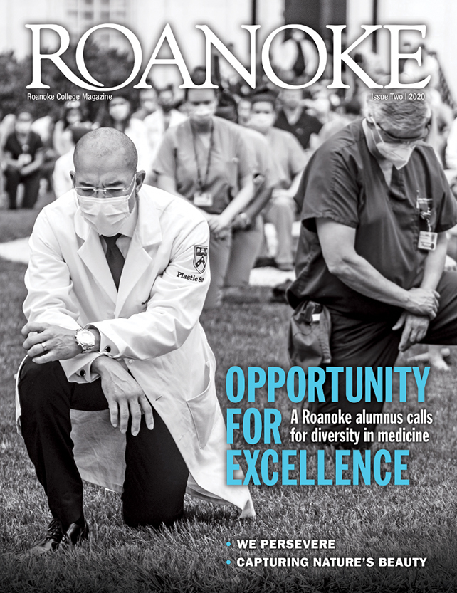 the cover of the first issue of roanoke college's 2020 magazine - a doctor kneeling on the ground