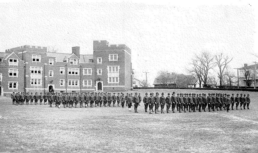 Soldiers in formation on campus
