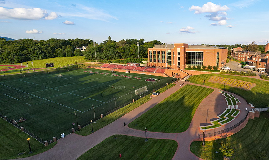 Kerr Stadium field and Cregger Center on sunny day