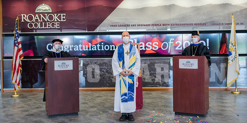 President maxey, Dean Smith, and Chaplain Chris standing 6 feet apart