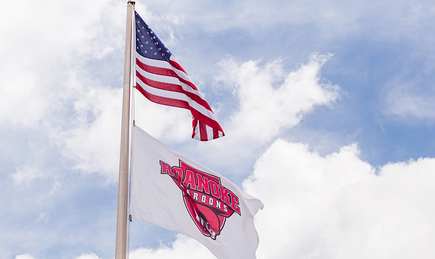 American flag and Roanoke College flag