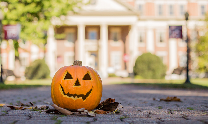 Jack-o-lantern in front of Administration Building on campus