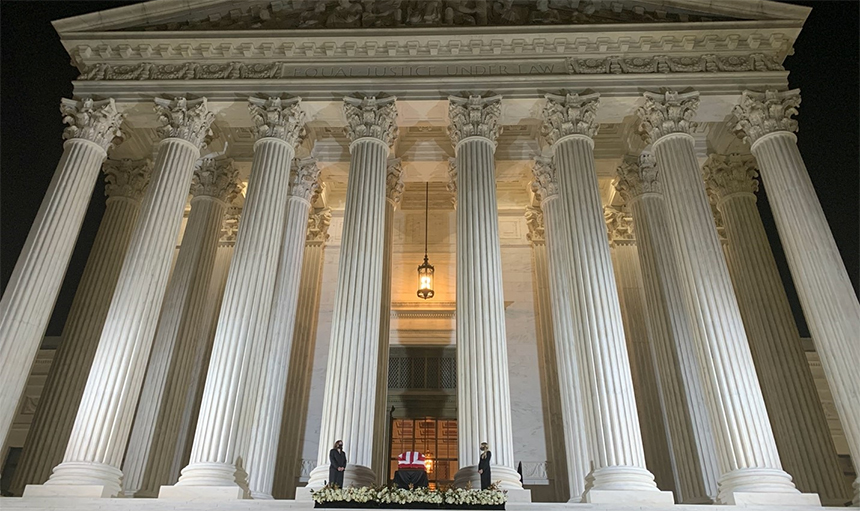 Casket of Justice Ruth Bader Ginsburg on the steps of the U.S. Supreme Court building