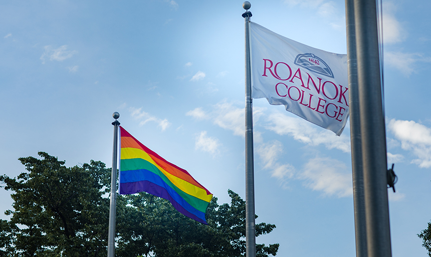 Rainbow flag and Roanoke College flag