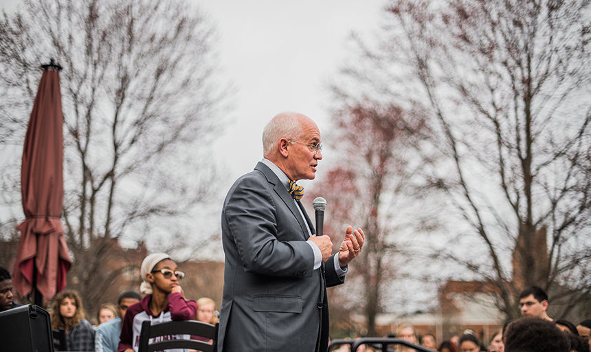 President Maxey speaking outdoors