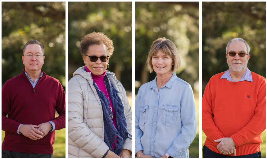 collage of four people smiling on campus