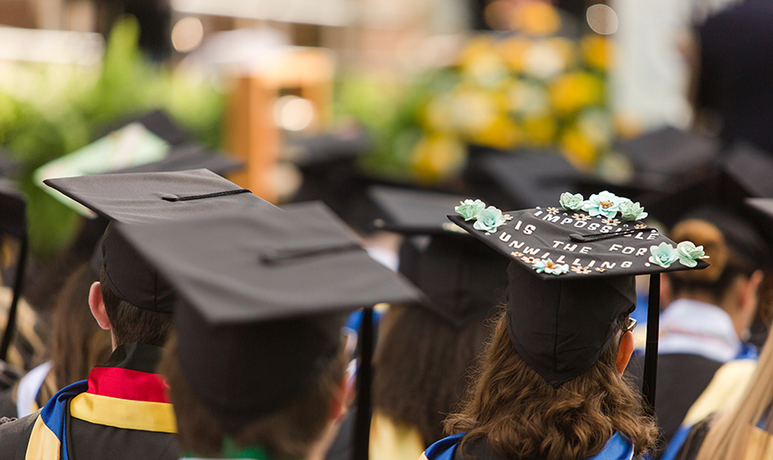 A view of the graduation caps at commencement