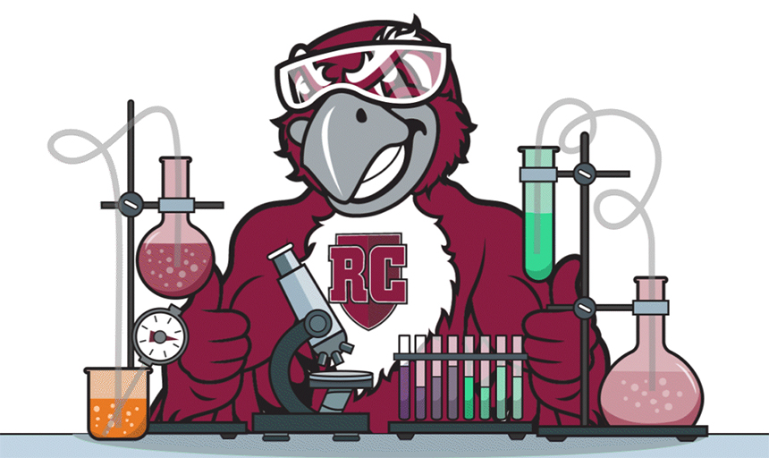 Rooney mascot is pictured in a science lab with beakers and test tubes