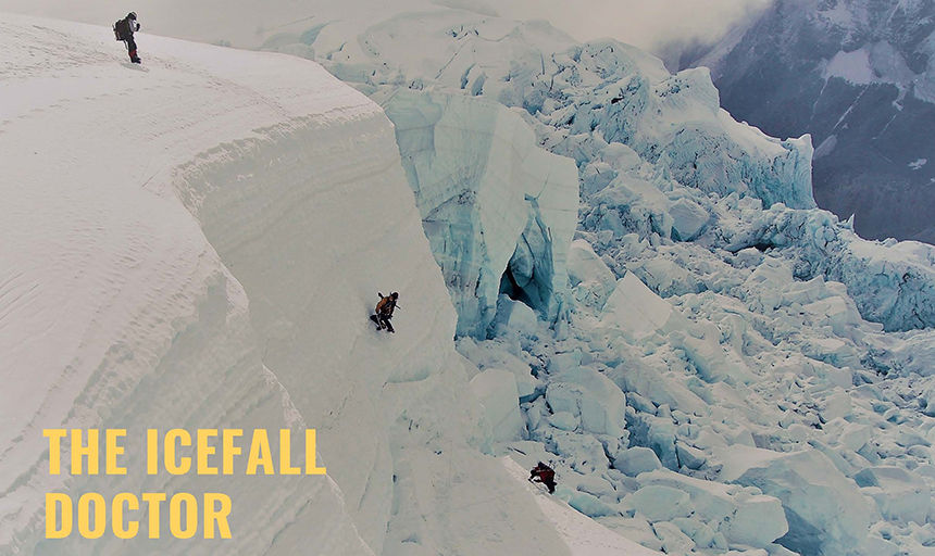 Climbers on huge wall of ice with "The Icefall Doctor" written on image