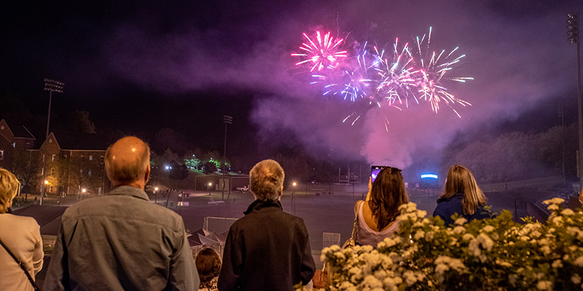 Fireworks are shown above a crowd of people 