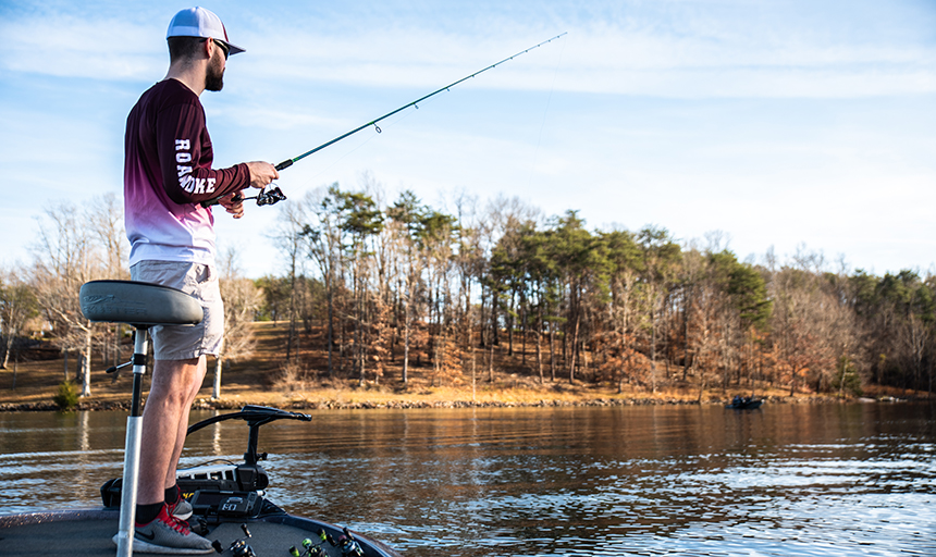 Man fishing in Roanoke College bass fishing gear