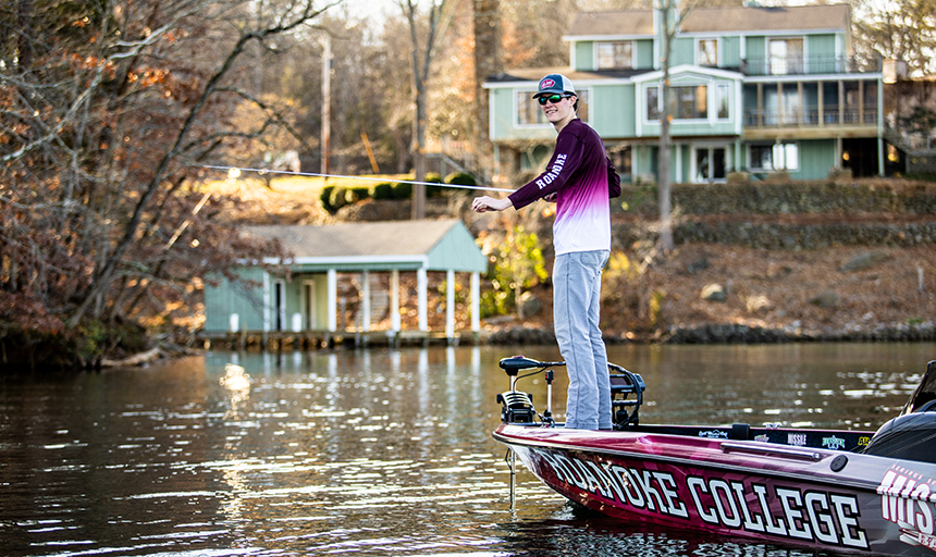 Man fishing in Roanoke College bass fishing gear