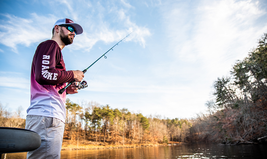 Man fishes in Roanoke College bass fishing gear
