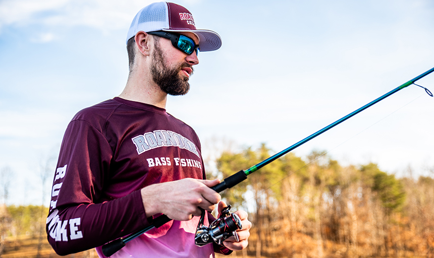 Fisherman wearing Roanoke bass fishing jersey