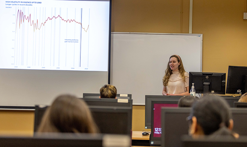 Student presents in front of class with graph titled "high volatility in valence up to 1960"